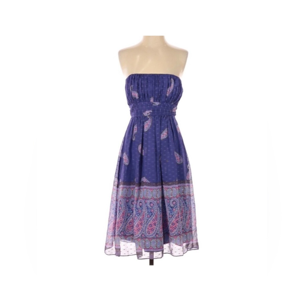 Shoshanna Purple/Blue Paisley Strapless Silk Midi Dress, size 4
